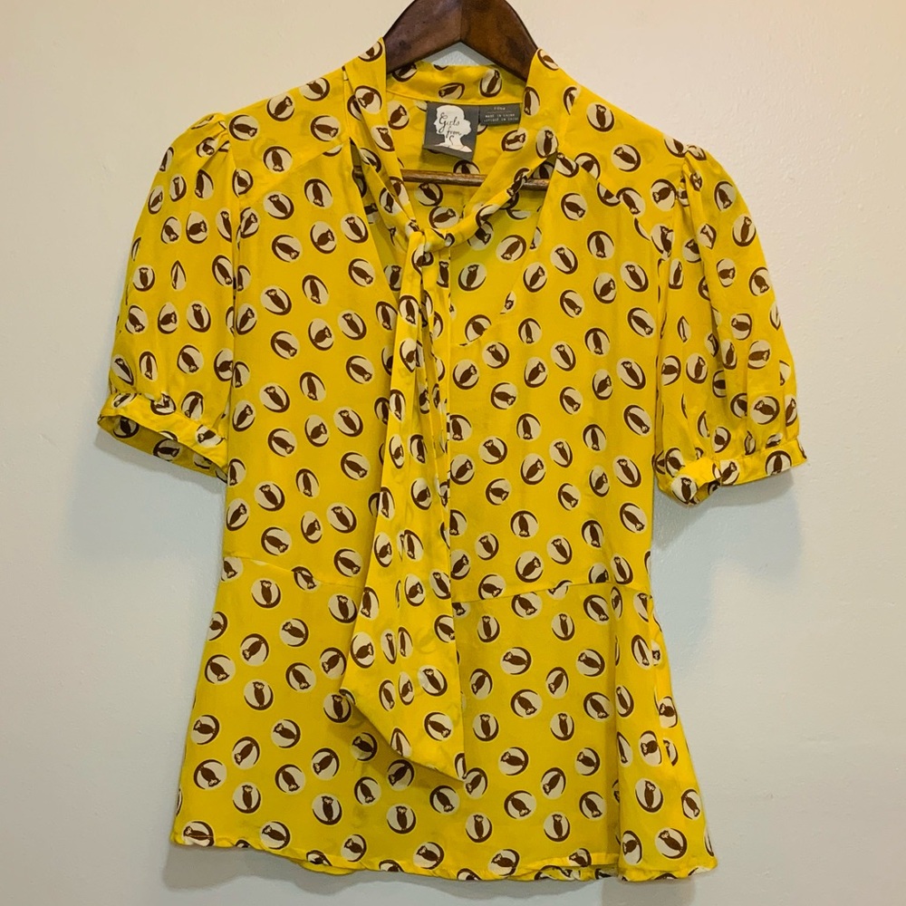 Girls from savoy Anthropologie lemon yellow owl print silk blouse size 4